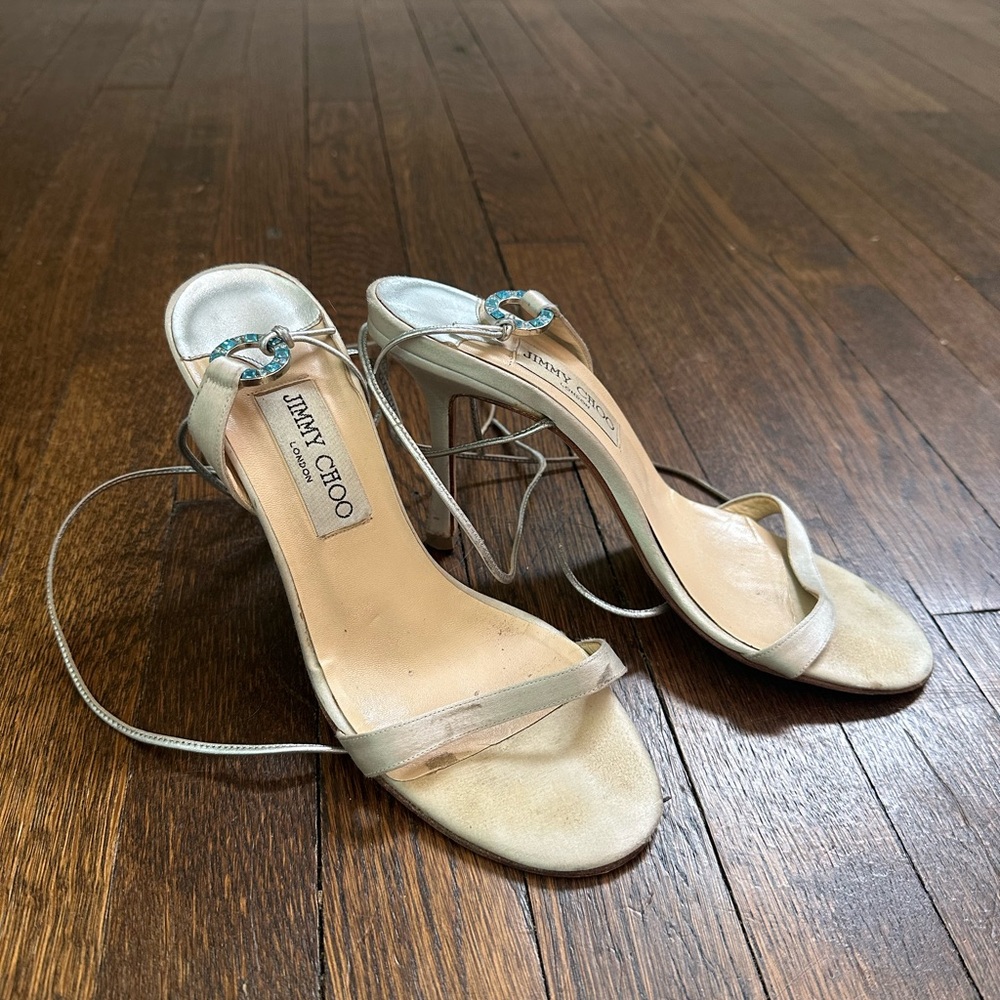 Jimmy Choo Silver Heels with turquoise blue embellishment